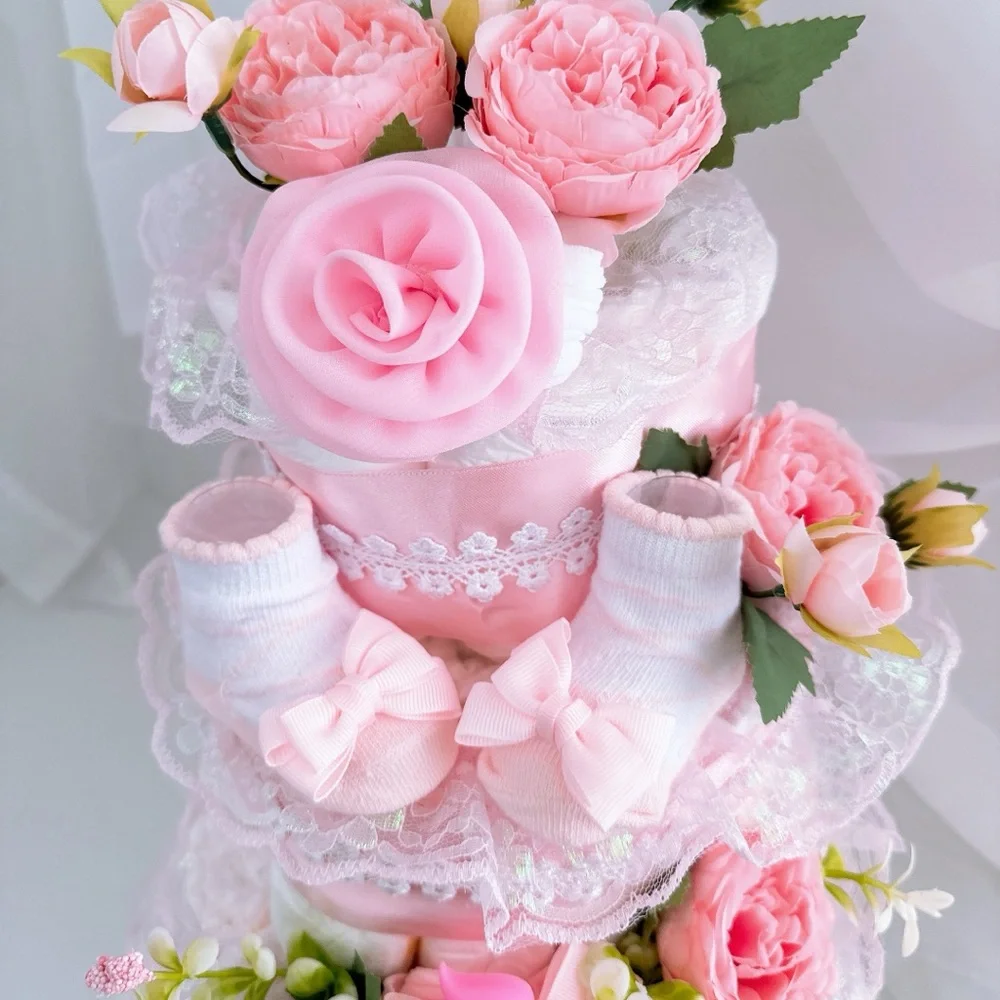 Baby Girl Diaper Cake, Flowers Baby Shower